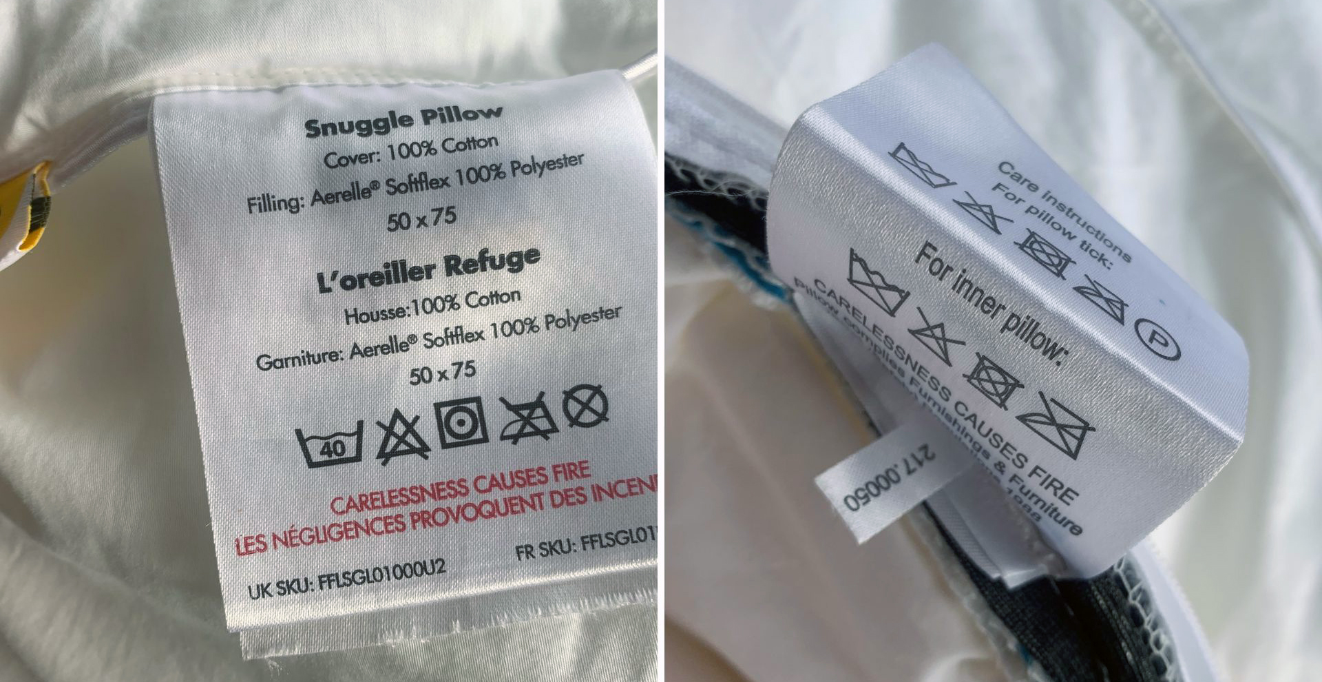 Checking throw pillow care label before machine washing